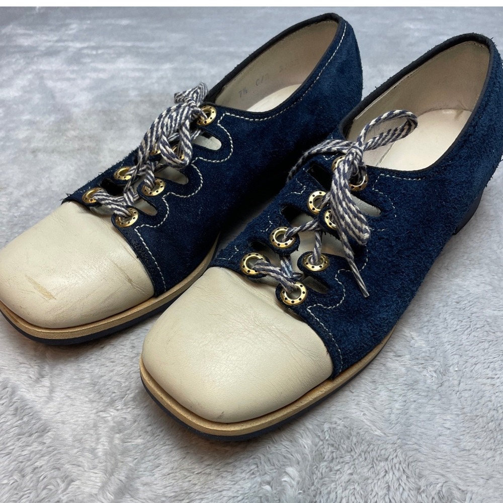 Vintage Lazy Bones Womens Spectator Oxfords Size 7.5 Blue Suede Cap Toe Lace Up